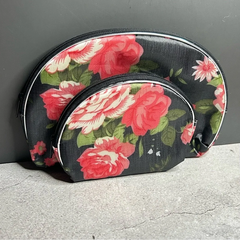 Floral Black Cosmetic Bag Pouch Set